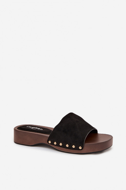 Women's Slippers with Gold Studs Black Ferinna