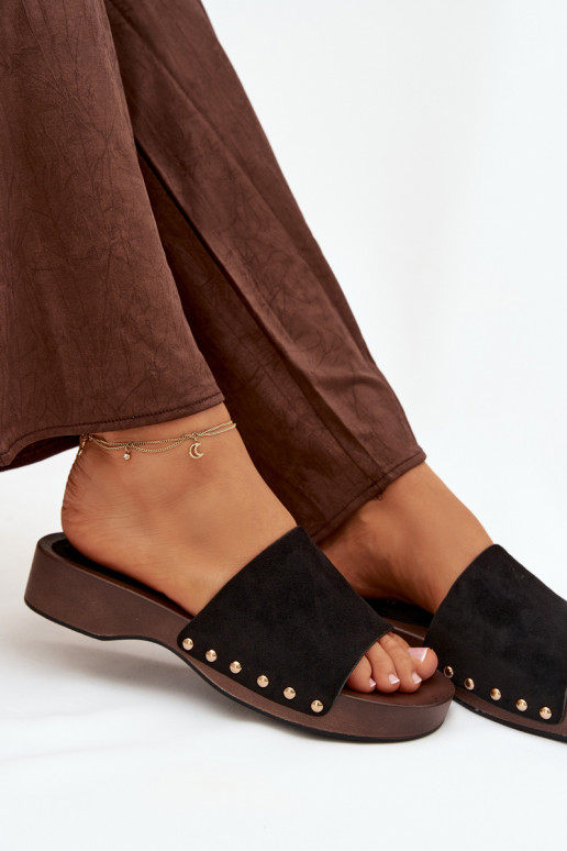 Women's Slippers with Gold Studs Black Ferinna