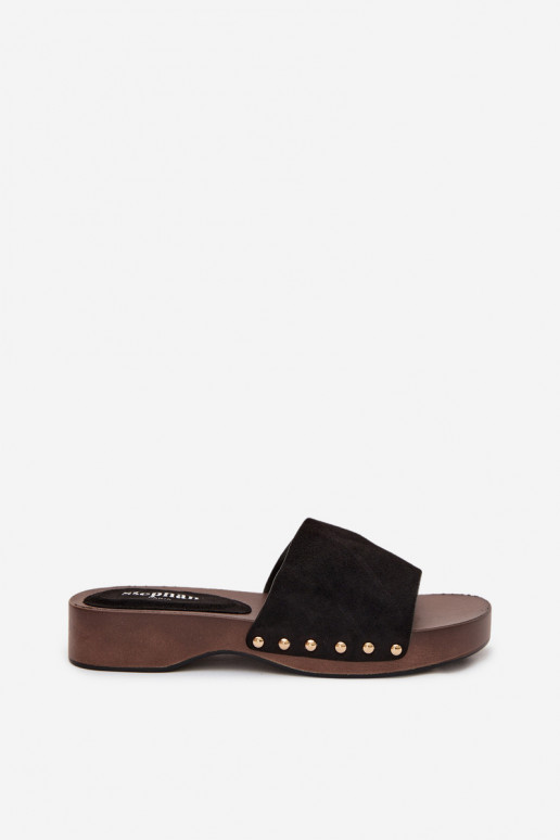 Women's Slippers with Gold Studs Black Ferinna
