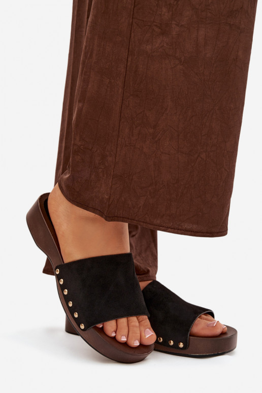 Women's Slippers with Gold Studs Black Ferinna