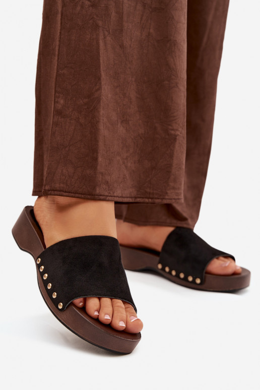 Women's Slippers with Gold Studs Black Ferinna