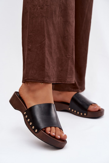 Women's Slippers with Gold Studs Black Terissa