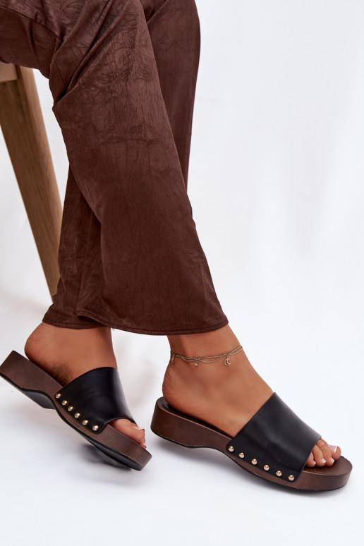 Women's Slippers with Gold Studs Black Terissa