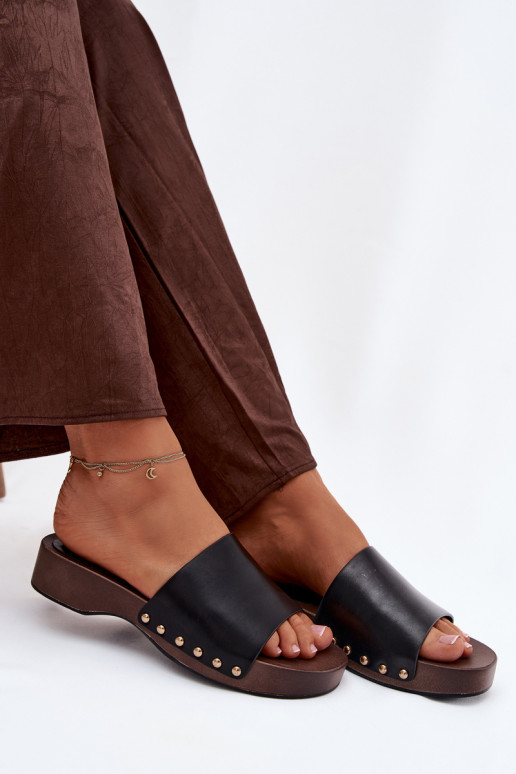 Women's Slippers with Gold Studs Black Terissa