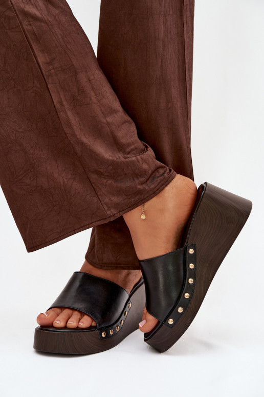 Women's Platform Flip Flops with Gold Studs Black Arionne