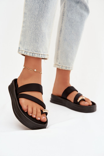 Fabric Women's Slippers with Straps and Gold Detail Black Farielle 2