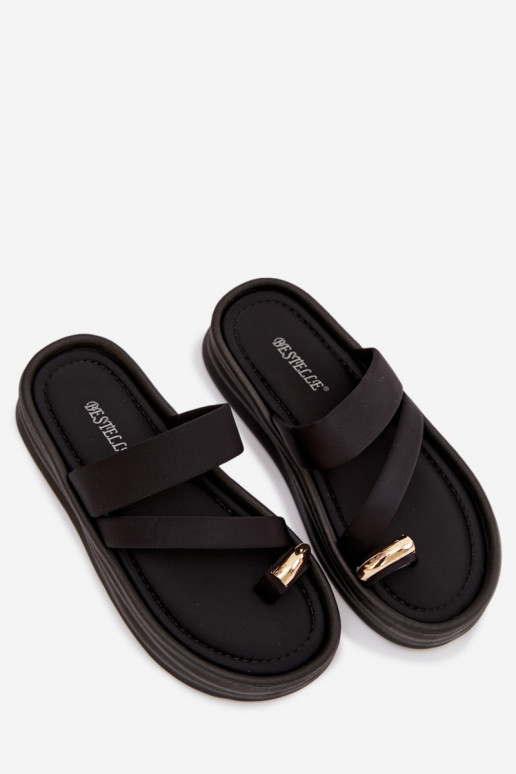 Fabric Women's Slippers with Straps and Gold Detail Black Farielle