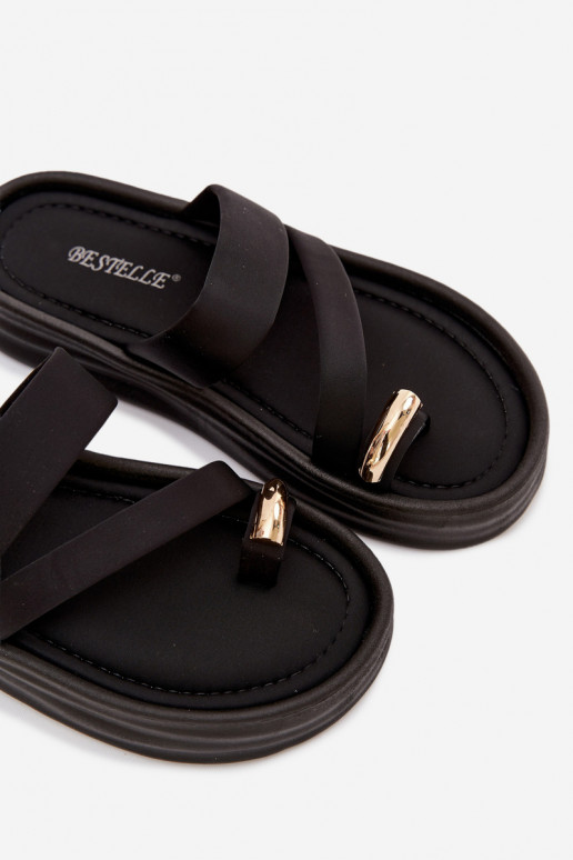 Fabric Women's Slippers with Straps and Gold Detail Black Farielle