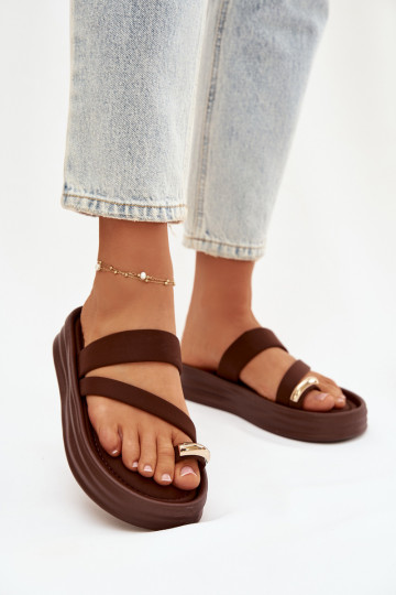 Fabric Women's Slides With Straps And Gold Detail Chocolate Farielle 2