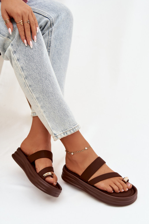 Fabric Women's Slides With Straps And Gold Detail Chocolate Farielle