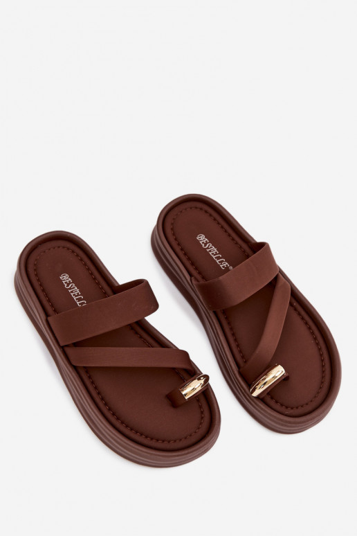 Fabric Women's Slides With Straps And Gold Detail Chocolate Farielle