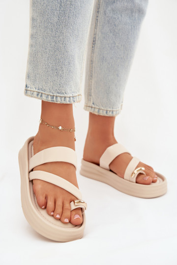 Fabric Ladies' Slides with Straps and Gold Detail Light Beige Farielle