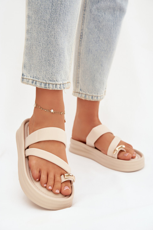 Fabric Ladies' Slides with Straps and Gold Detail Light Beige Farielle