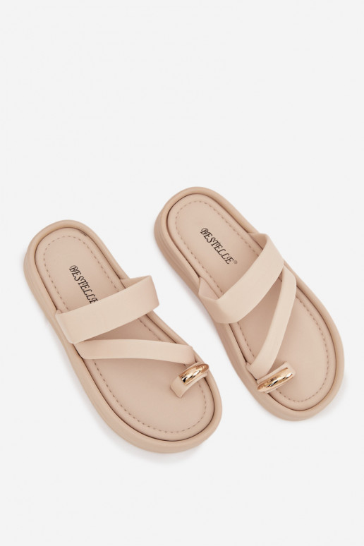 Fabric Ladies' Slides with Straps and Gold Detail Light Beige Farielle