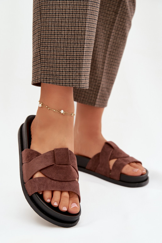 Women's Eco Suede Slippers with Straps Dark Brown Marivessa