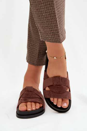Women's Eco Suede Slippers with Straps Dark Brown Marivessa 2