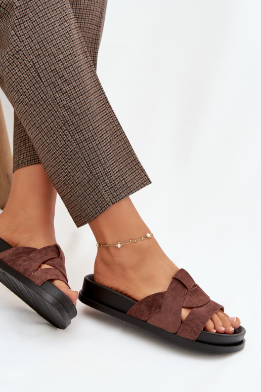 Women's Eco Suede Slippers with Straps Dark Brown Marivessa