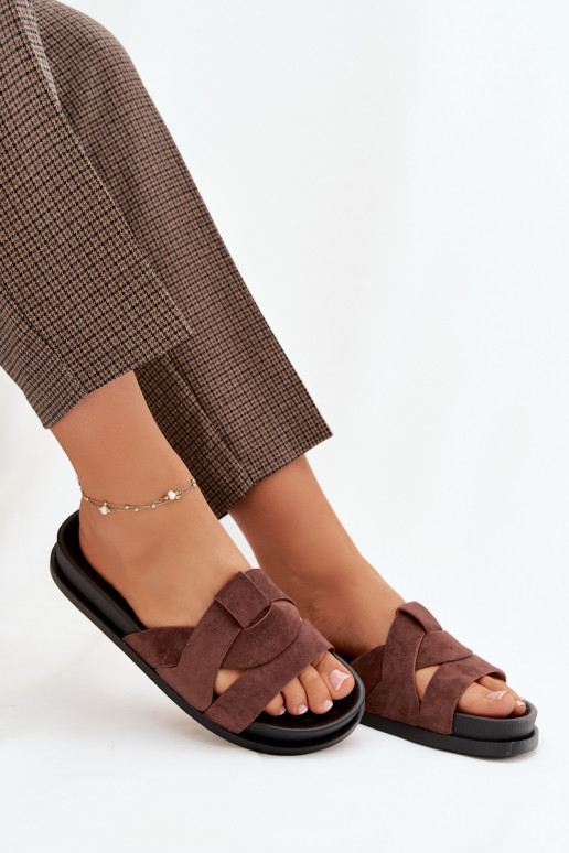 Klapki Damskie Eko ZamszowewithPaskami Ciemnobrązowe Marivessa