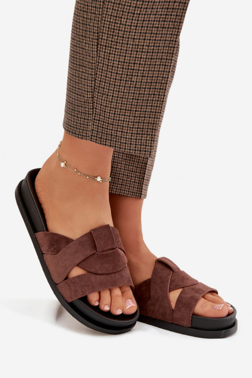 Women's Eco Suede Slippers with Straps Dark Brown Marivessa