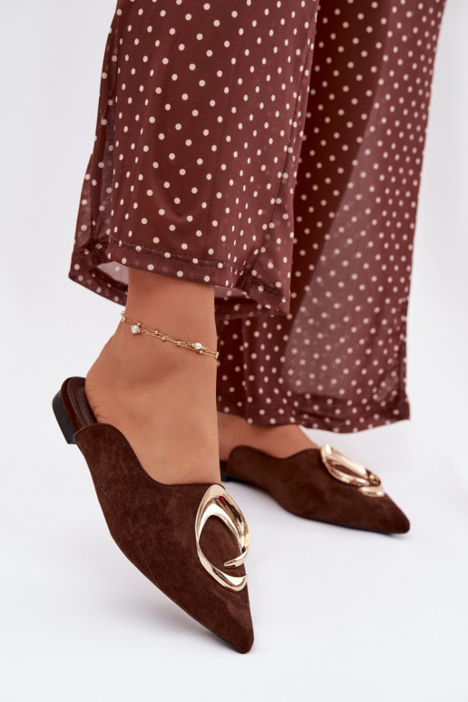 Women's Mules Slippers with Decorative Gold Detail Chocolate Galvella