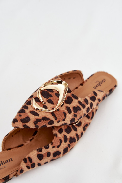 Klapki Damskie Mule Z Ozdobnym Złotym Detalem Panterka Galvella