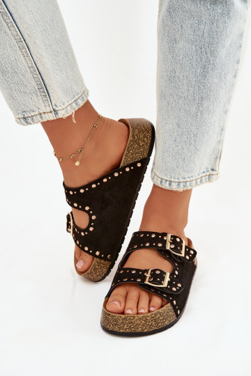 Women s Slippers With Gold Clips and Studs Black Tervina