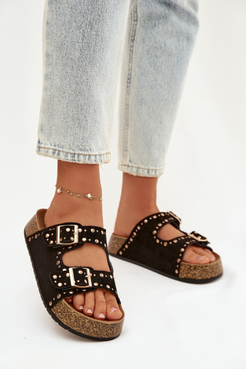 Women s Slippers With Gold Clips and Studs Black Tervina 2