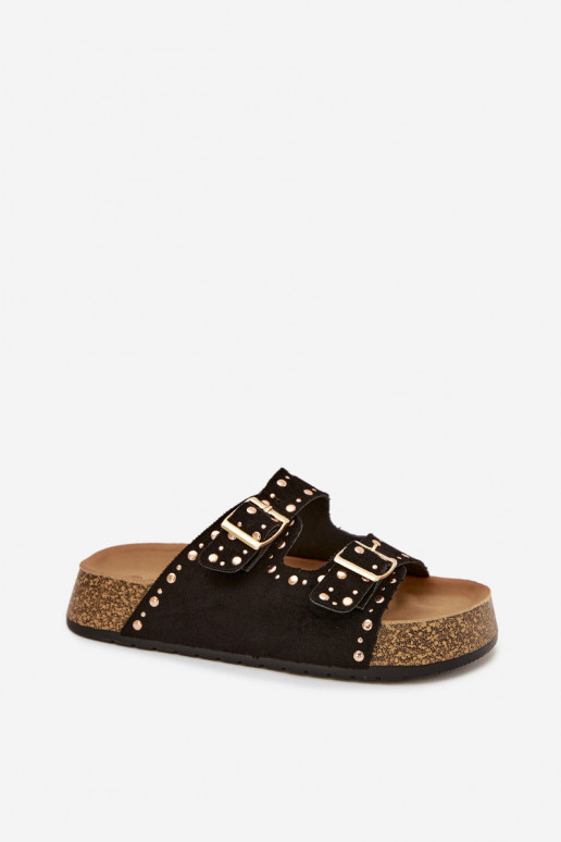 Klapki Damskie Ze Złotymi Klamrami I Ćwiekami Czarne Tervina