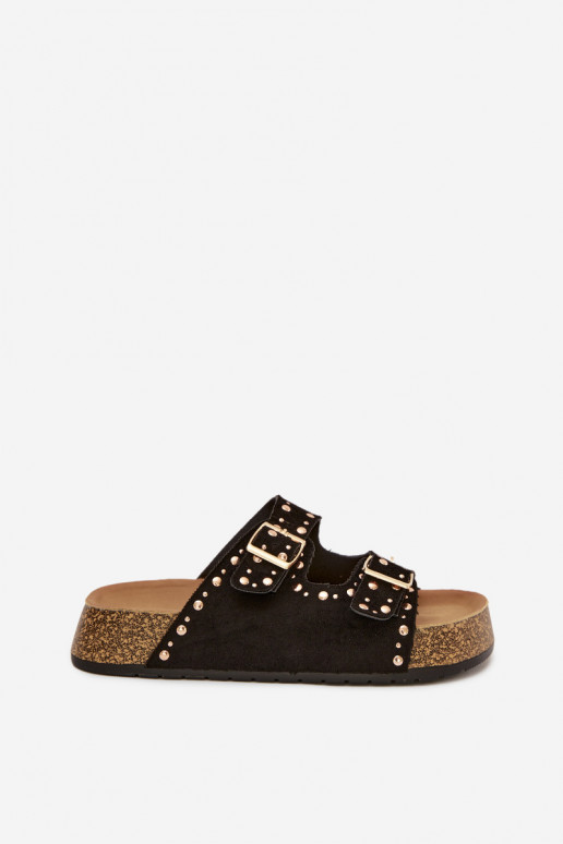 Women s Slippers With Gold Clips and Studs Black Tervina