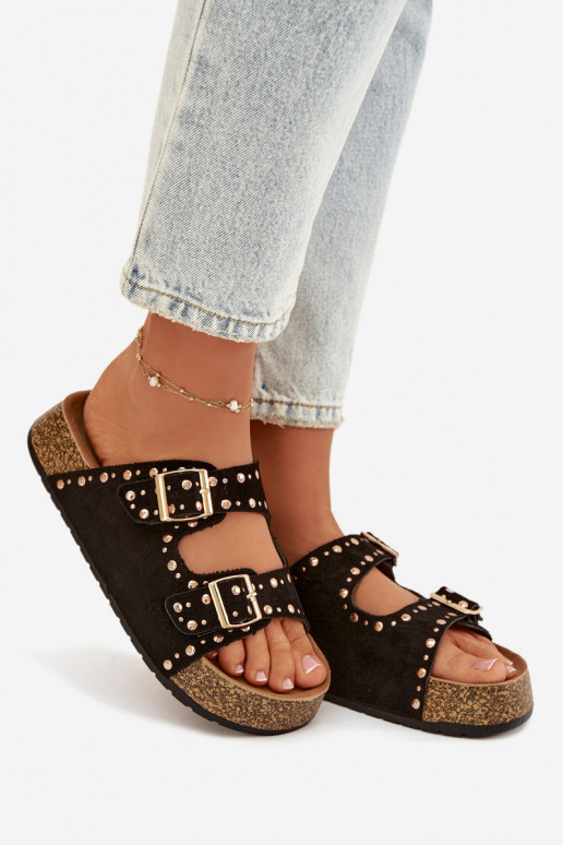 Women s Slippers With Gold Clips and Studs Black Tervina