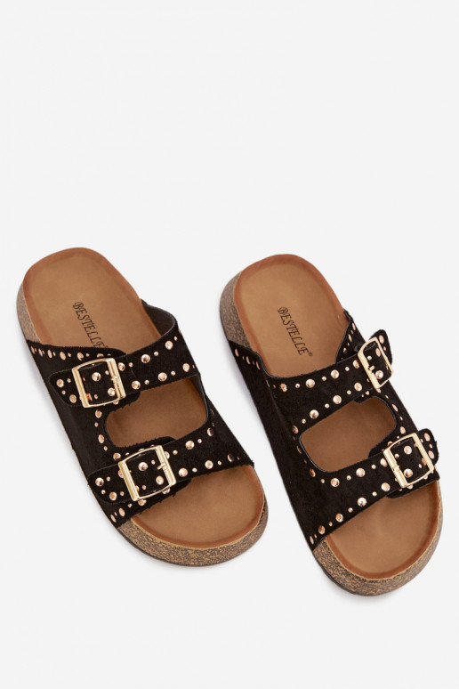 Women s Slippers With Gold Clips and Studs Black Tervina