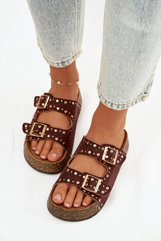 Women's Slippers with Golden Clips and Buttons Brown Tervina