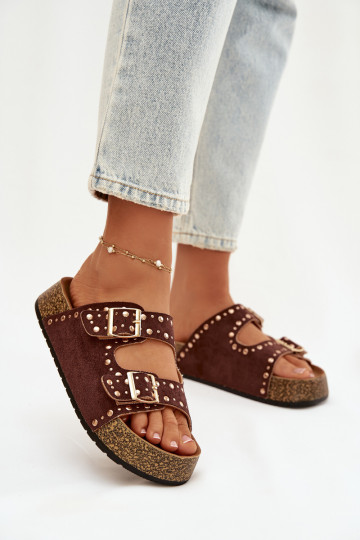 Women's Slippers with Golden Clips and Buttons Brown Tervina 2