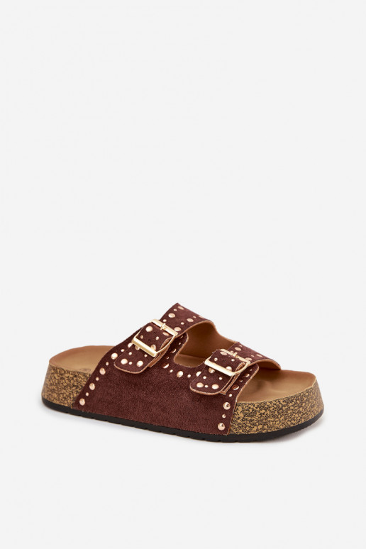 Klapki Damskie Ze Złotymi Klamrami I Ćwiekami Brązowe Tervina