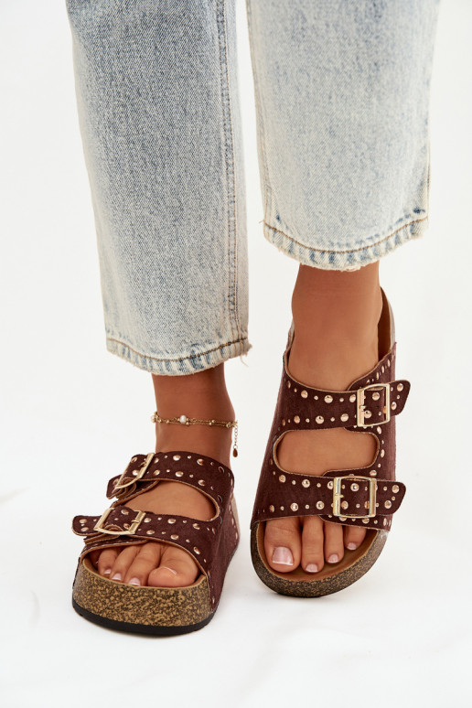 Klapki Damskie Ze Złotymi Klamrami I Ćwiekami Brązowe Tervina