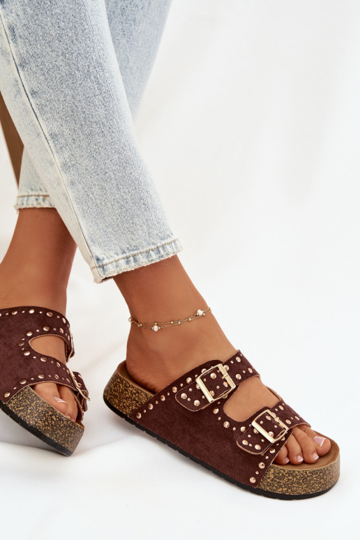 Women's Slippers with Golden Clips and Buttons Brown Tervina