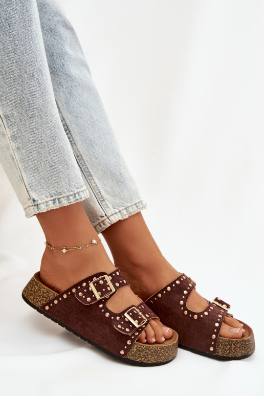 Women's Slippers with Golden Clips and Buttons Brown Tervina