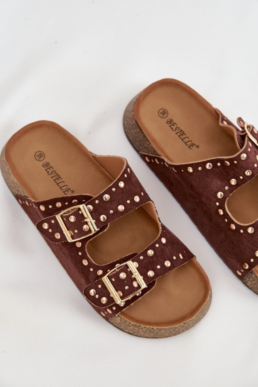 Women's Slippers with Golden Clips and Buttons Brown Tervina