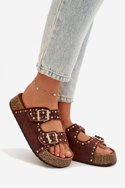 Women's Slippers with Golden Clips and Buttons Brown Tervina