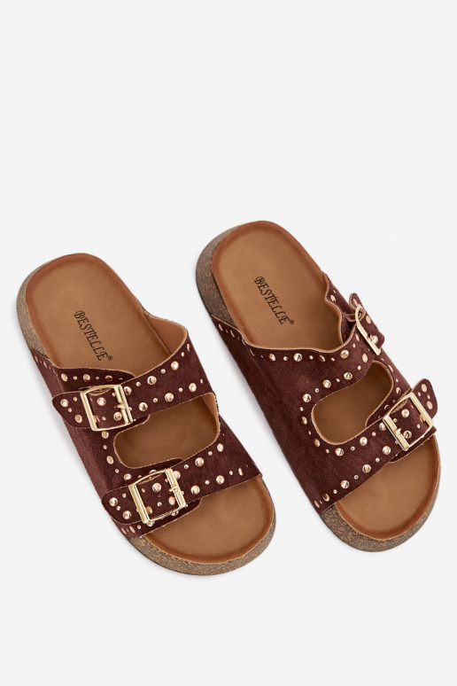 Women's Slippers with Golden Clips and Buttons Brown Tervina