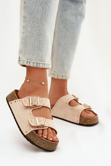 Women's Slippers With Gold Clamps And Buttons Jasnobeżowe Tervina