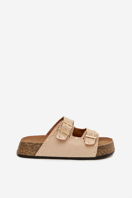 Women's Slippers With Gold Clamps And Buttons Jasnobeżowe Tervina