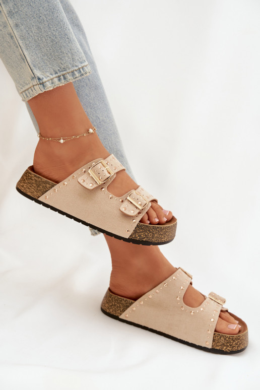 Women's Slippers With Gold Clamps And Buttons Jasnobeżowe Tervina