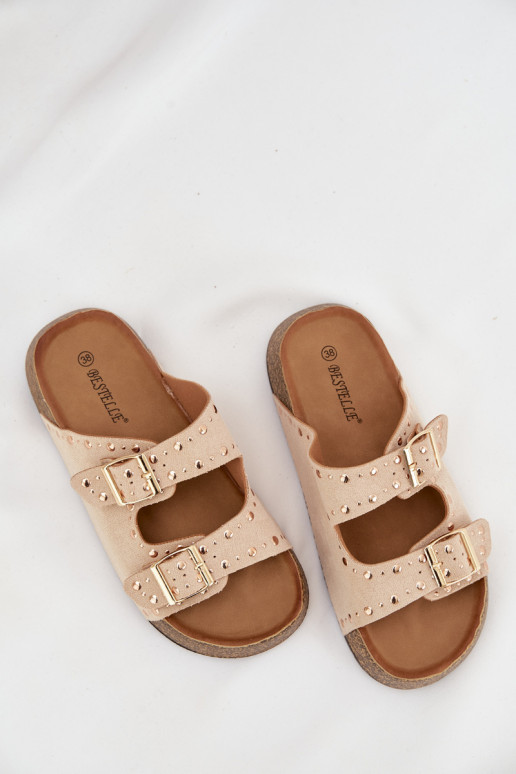 Women's Slippers With Gold Clamps And Buttons Jasnobeżowe Tervina