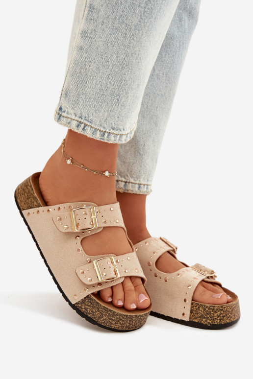 Klapki Damskie Ze Złotymi Klamrami I Ćwiekami Jasnobeżowe Tervina