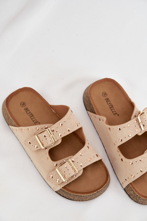 Women's Slippers With Gold Clamps And Buttons Jasnobeżowe Tervina