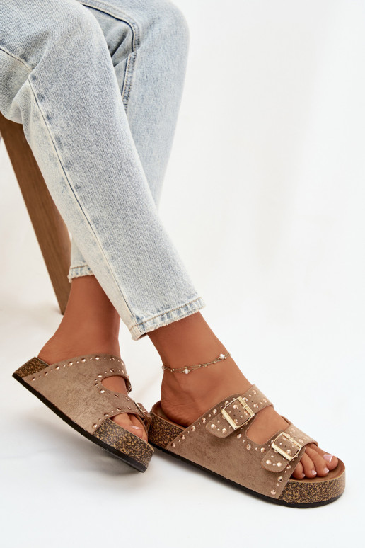 Klapki Damskie Ze Złotymi Klamrami I Ćwiekami Khaki Tervina