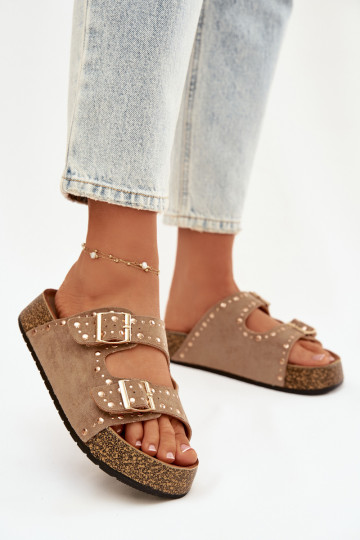 Klapki Damskie Ze Złotymi Klamrami I Ćwiekami Khaki Tervina 2