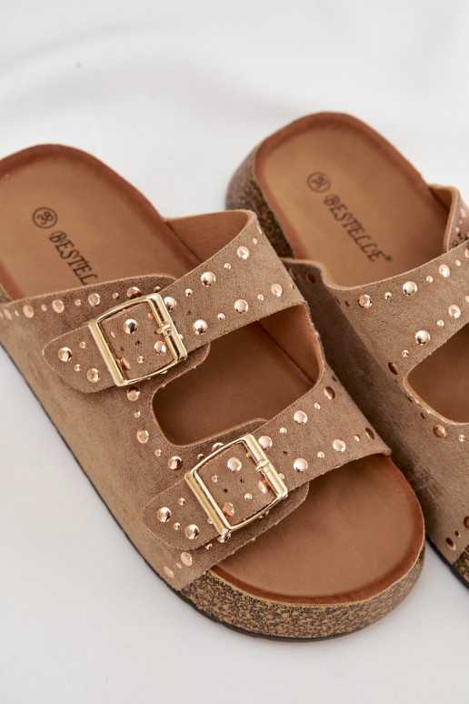 Klapki Damskie Ze Złotymi Klamrami I Ćwiekami Khaki Tervina