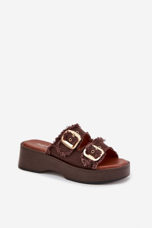 Women's Platform Slippers with Gold Clamps Chocolate Renelisse